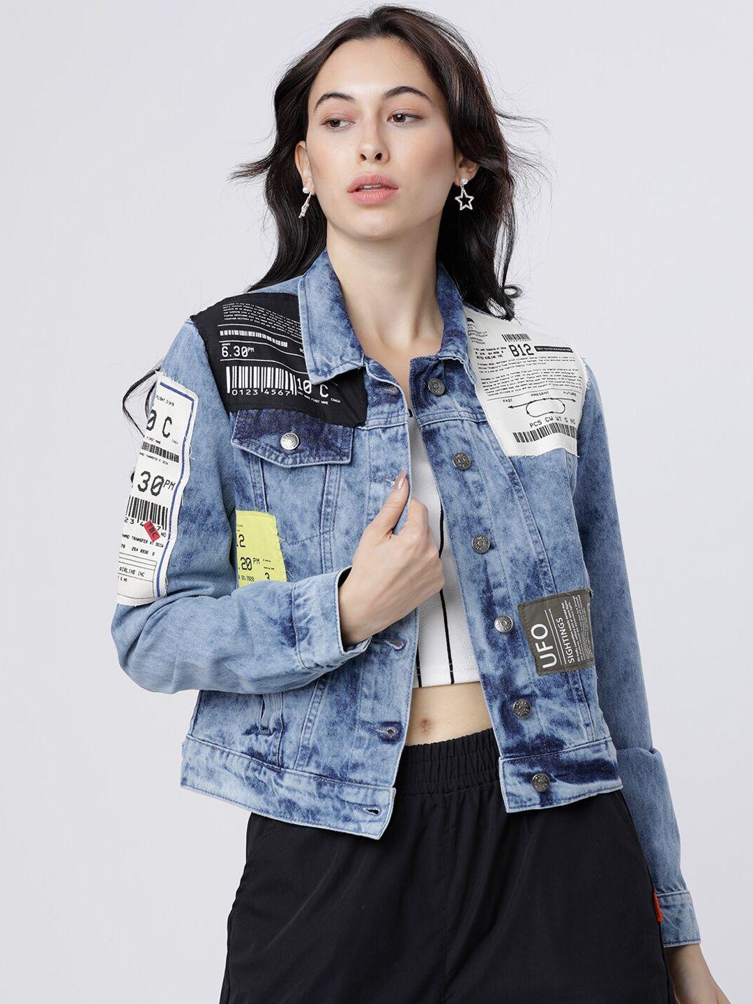 tokyo talkies women blue printed denim jacket