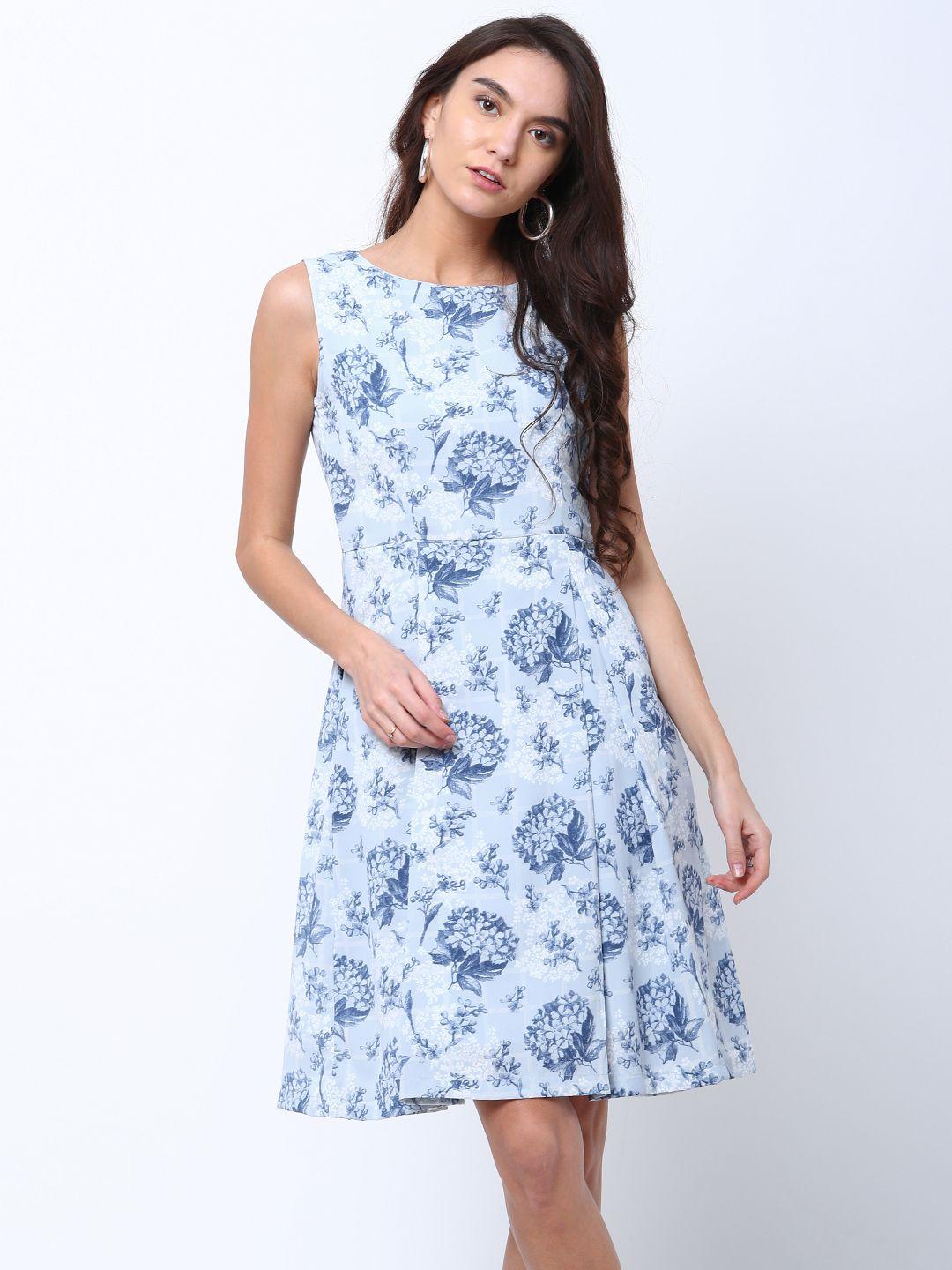 tokyo talkies women blue printed fit and flare dress