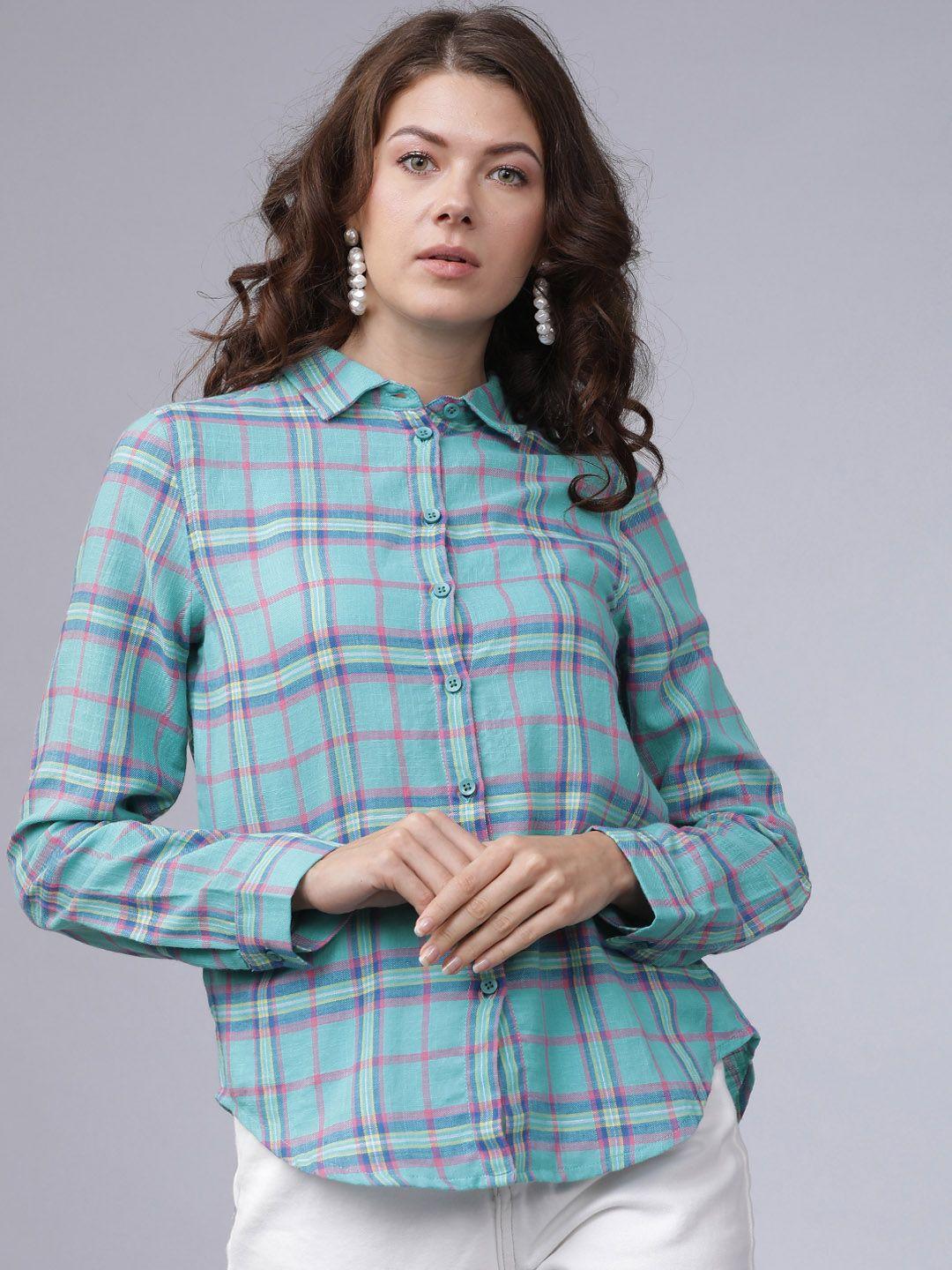 tokyo talkies women blue regular fit checked casual shirt