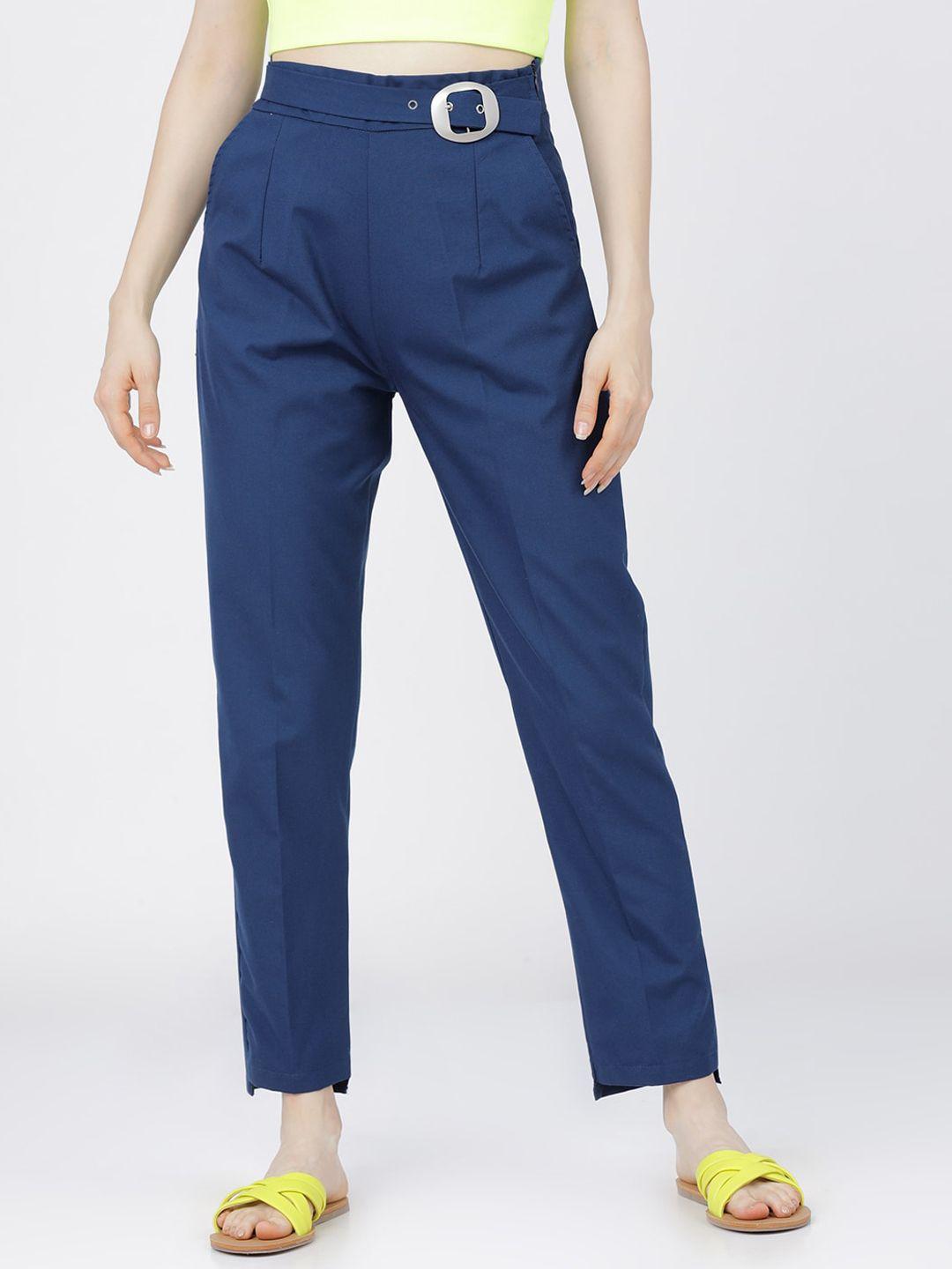 tokyo talkies women blue slim fit high-rise pleated trousers