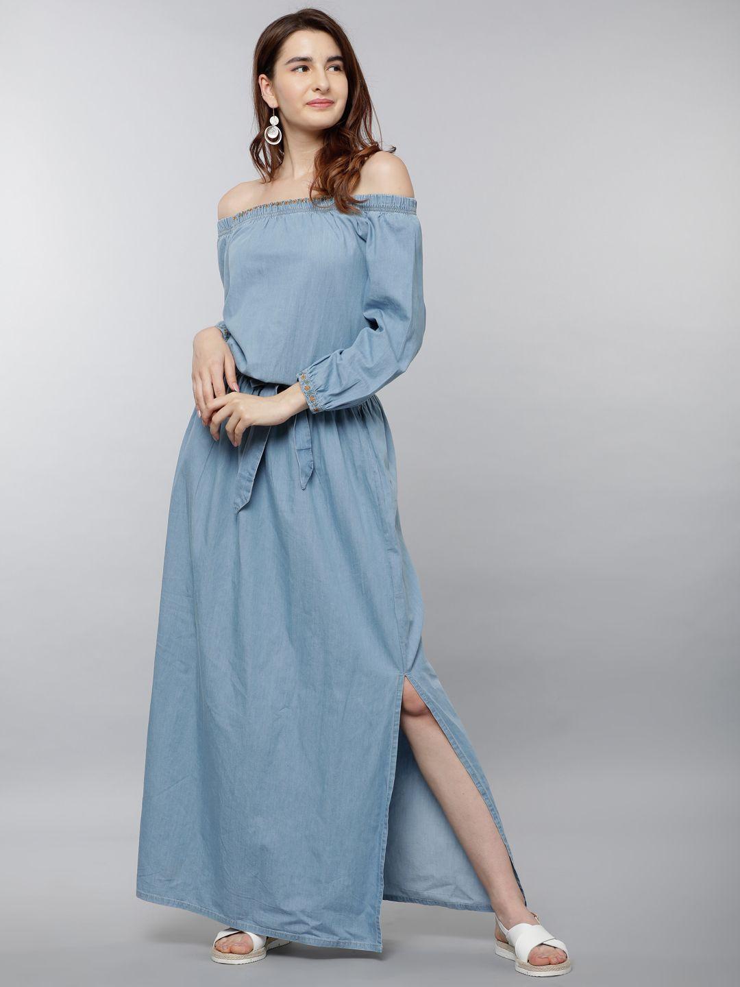 tokyo talkies women blue solid blouson dress