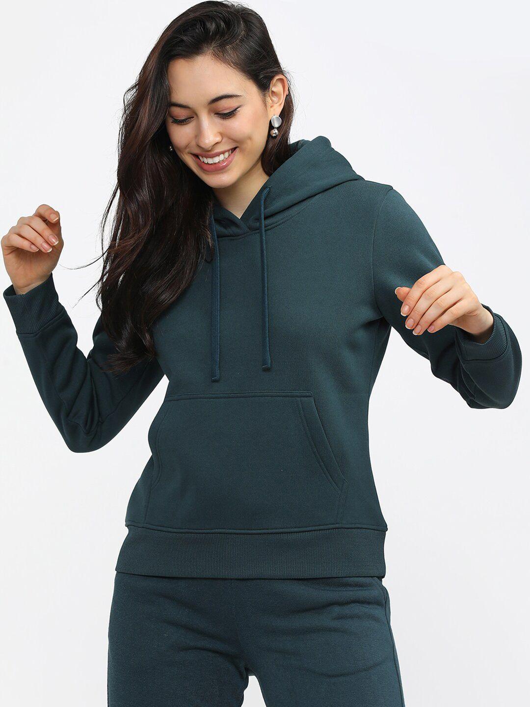 tokyo talkies women blue solid hooded sweatshirt