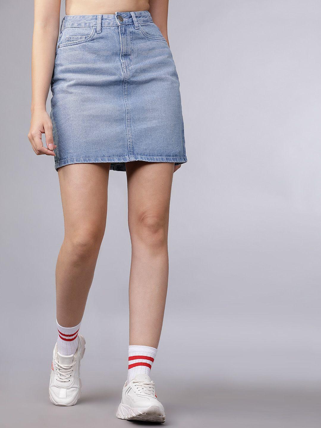 tokyo talkies women blue solid straight mini denim skirt