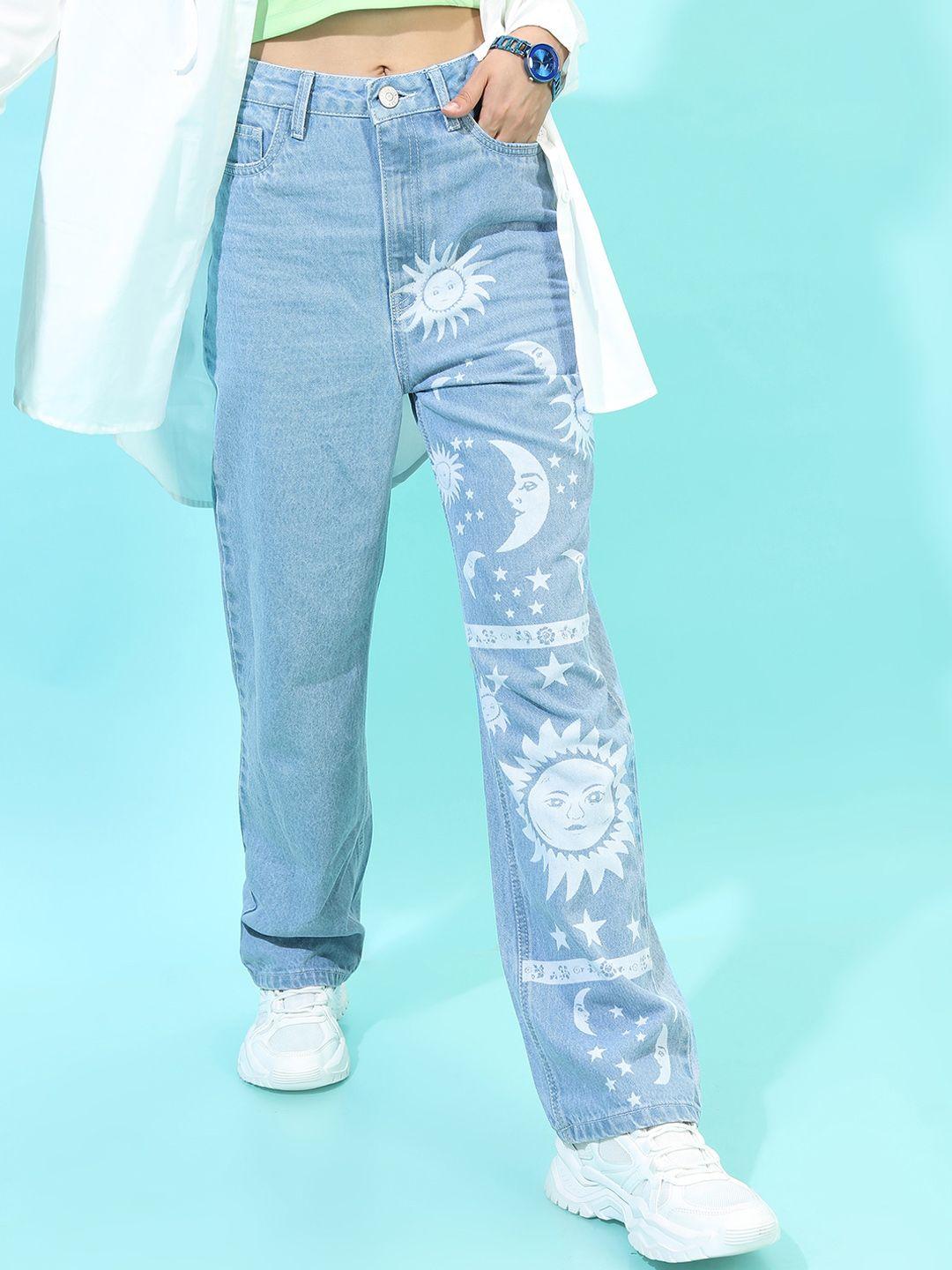 tokyo talkies women blue straight fit printed jeans