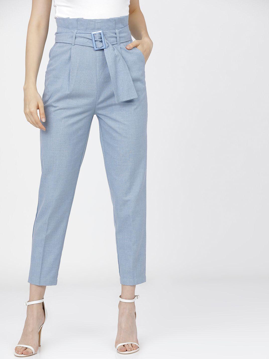 tokyo talkies women blue tapered fit easy wash pleated trousers