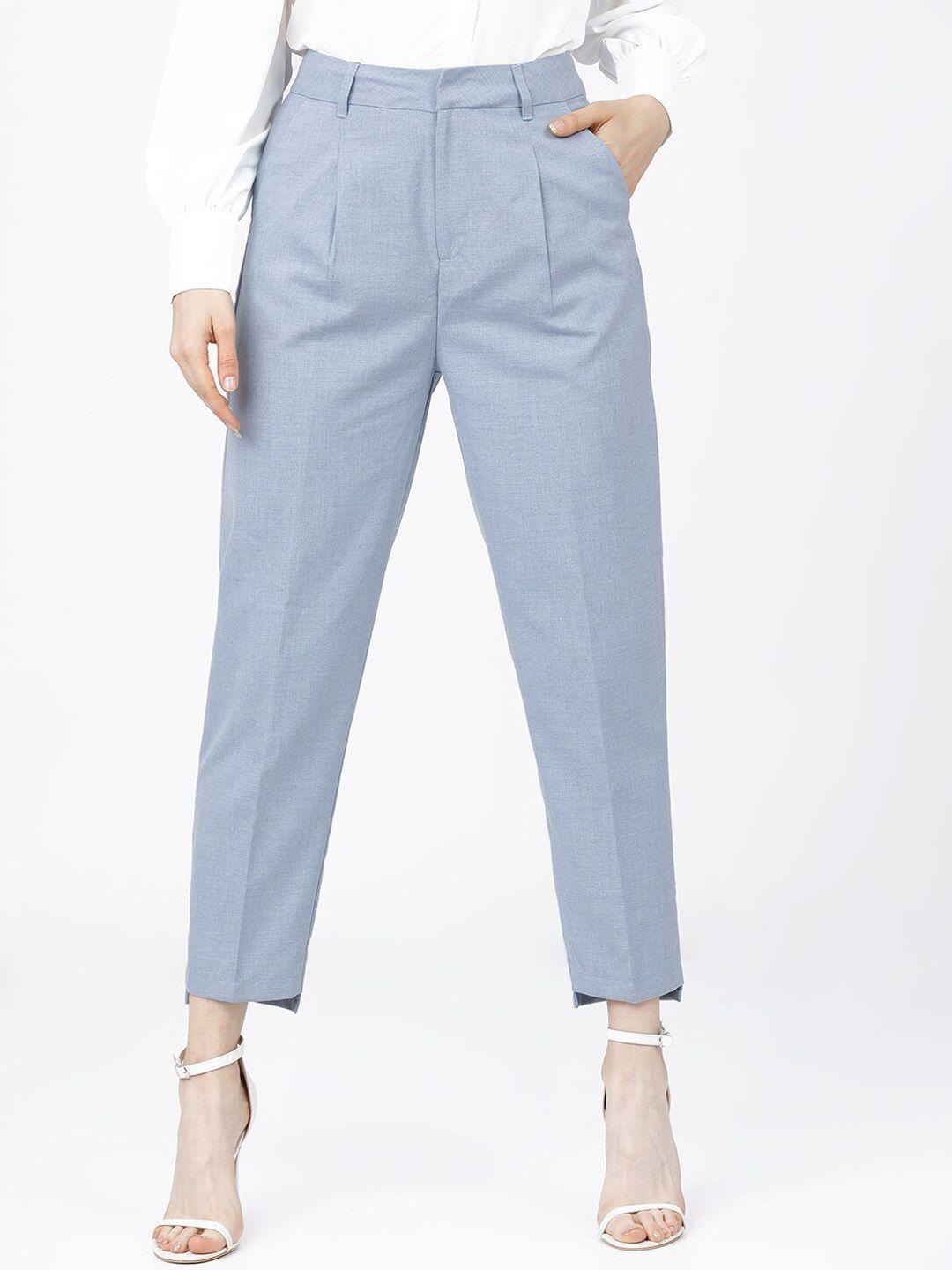 tokyo talkies women blue tapered fit pleated formal trousers