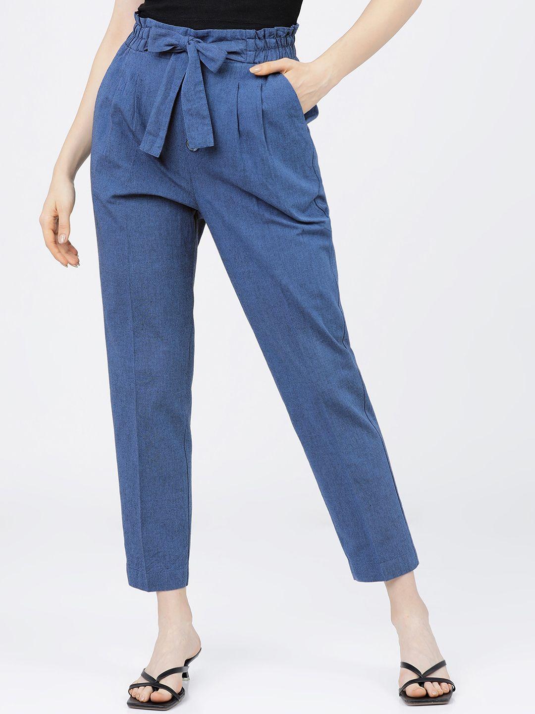 tokyo talkies women blue tapered fit pleated peg trousers