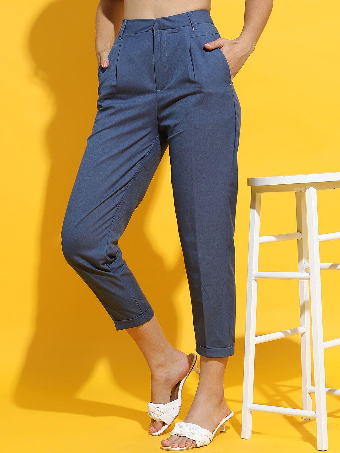 tokyo talkies women blue tapered fit pleated trousers
