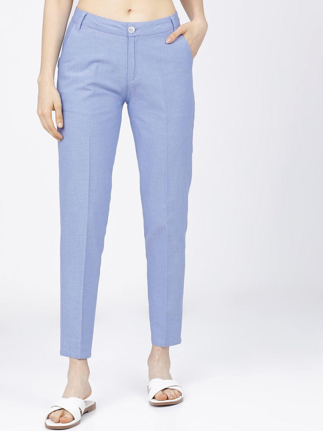 tokyo talkies women blue tapered fit trousers