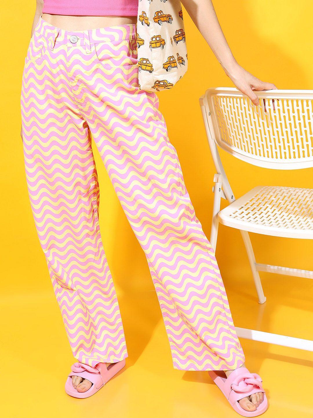 tokyo talkies women bright yellow geometric printed regular fit jeans