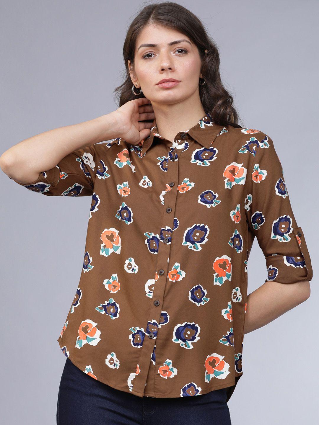 tokyo talkies women brown and blue regular fit printed casual shirt