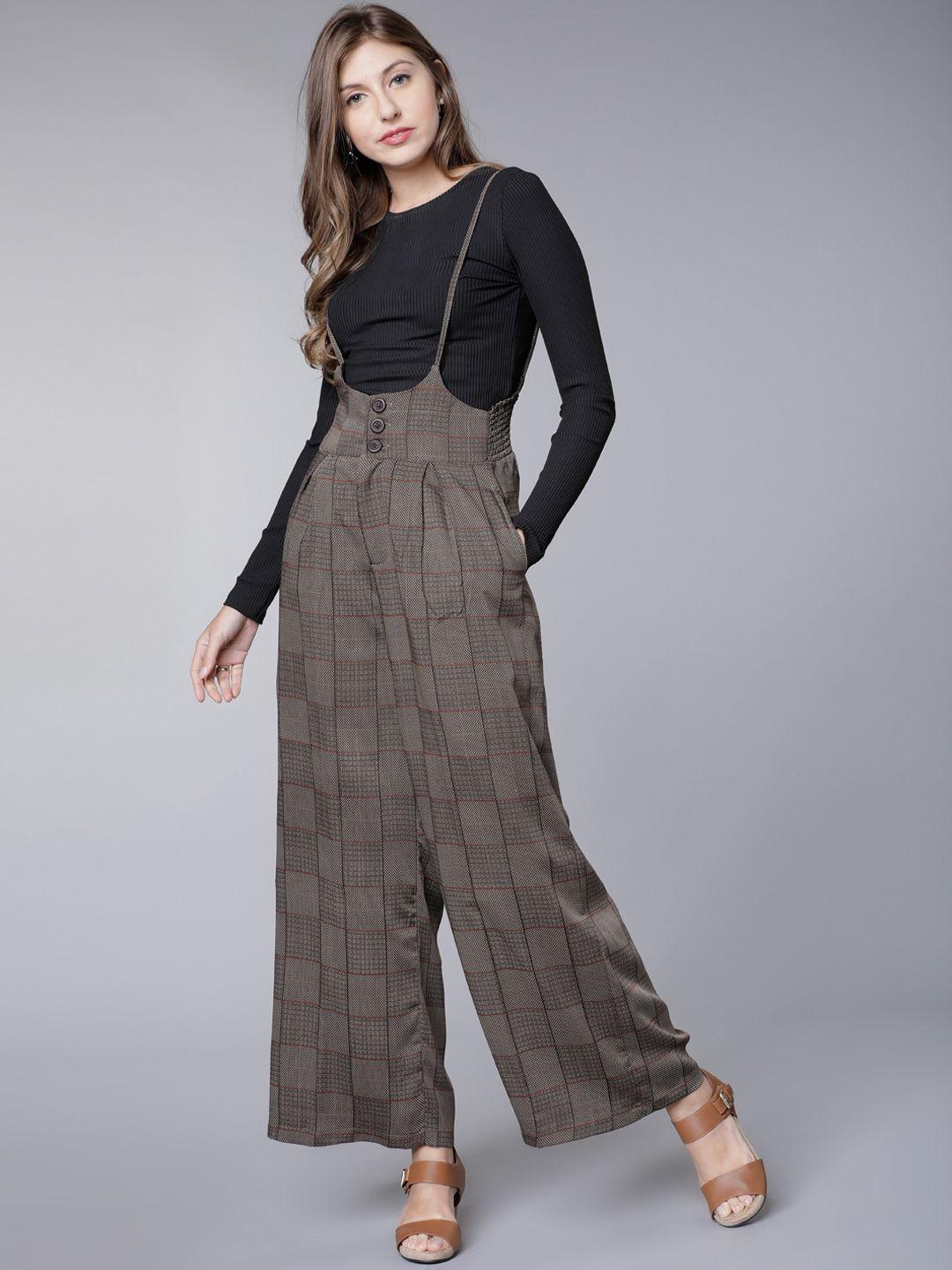 tokyo talkies women brown checked wide leg dungarees