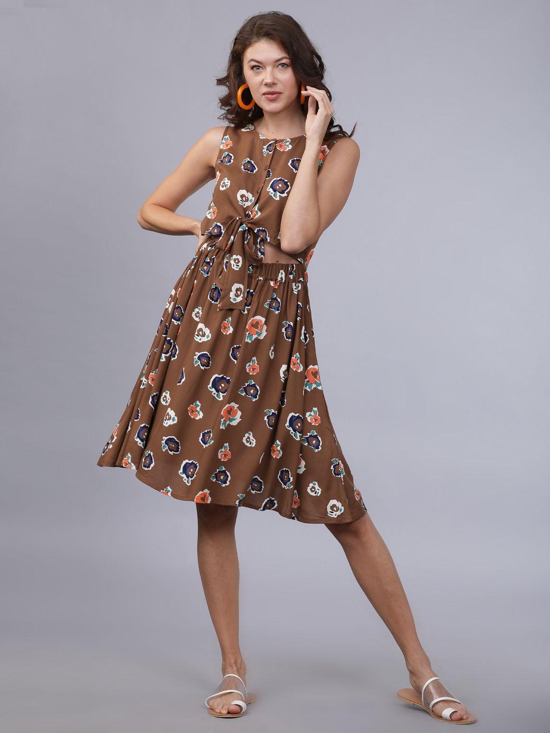 tokyo talkies women brown floral printed fit and flare dress