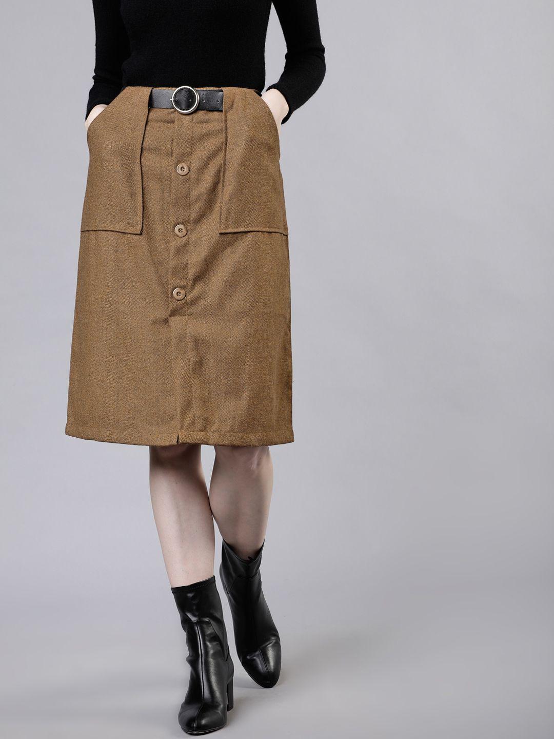 tokyo talkies women brown knee-length solid straight skirt