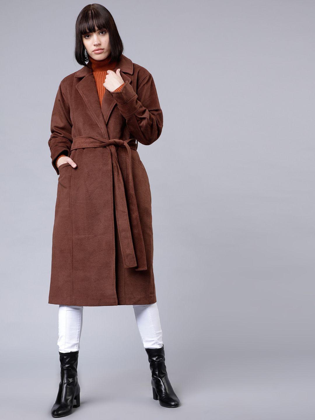 tokyo talkies women brown long wrap coat