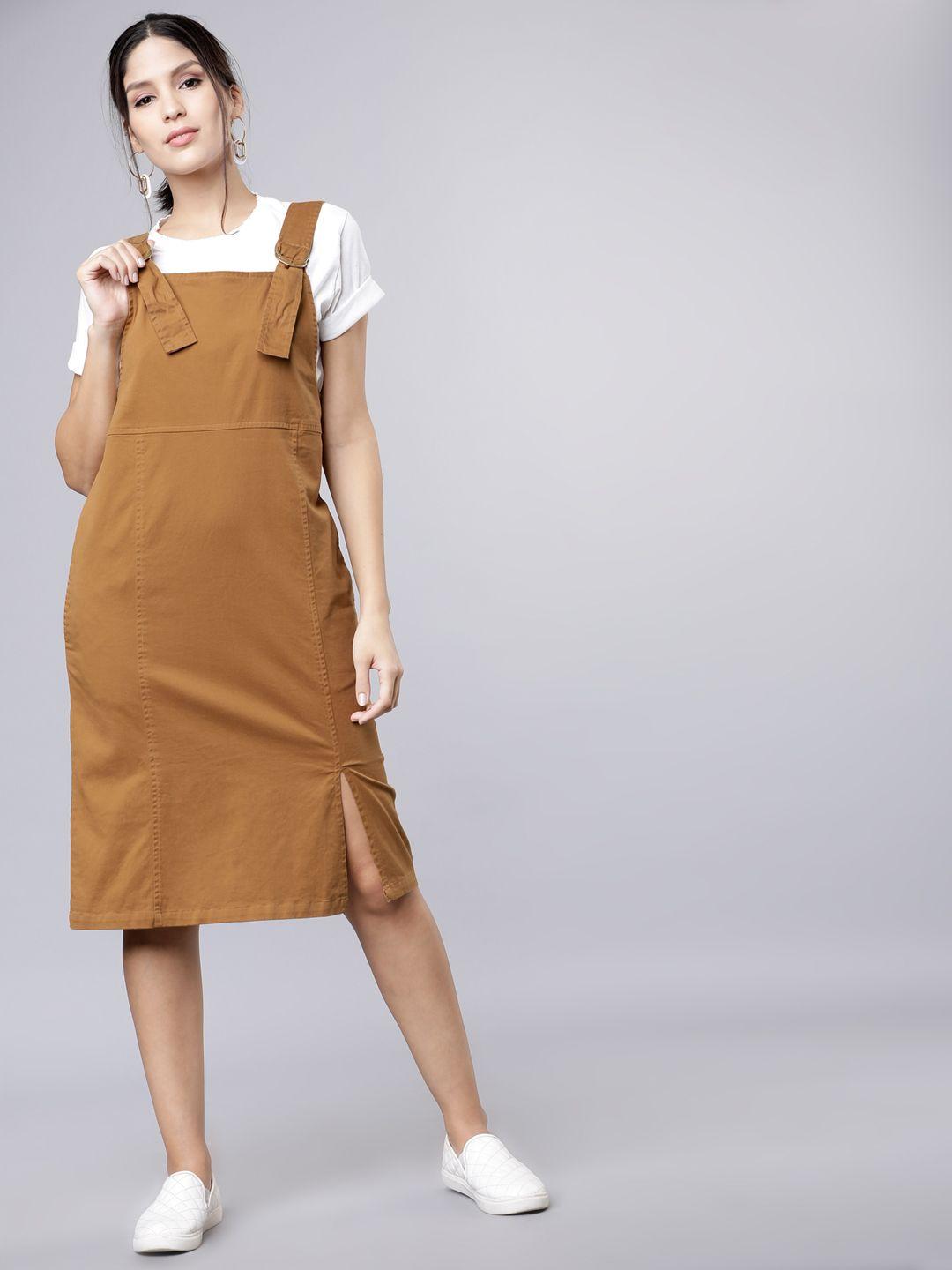 tokyo talkies women brown pinafore dress