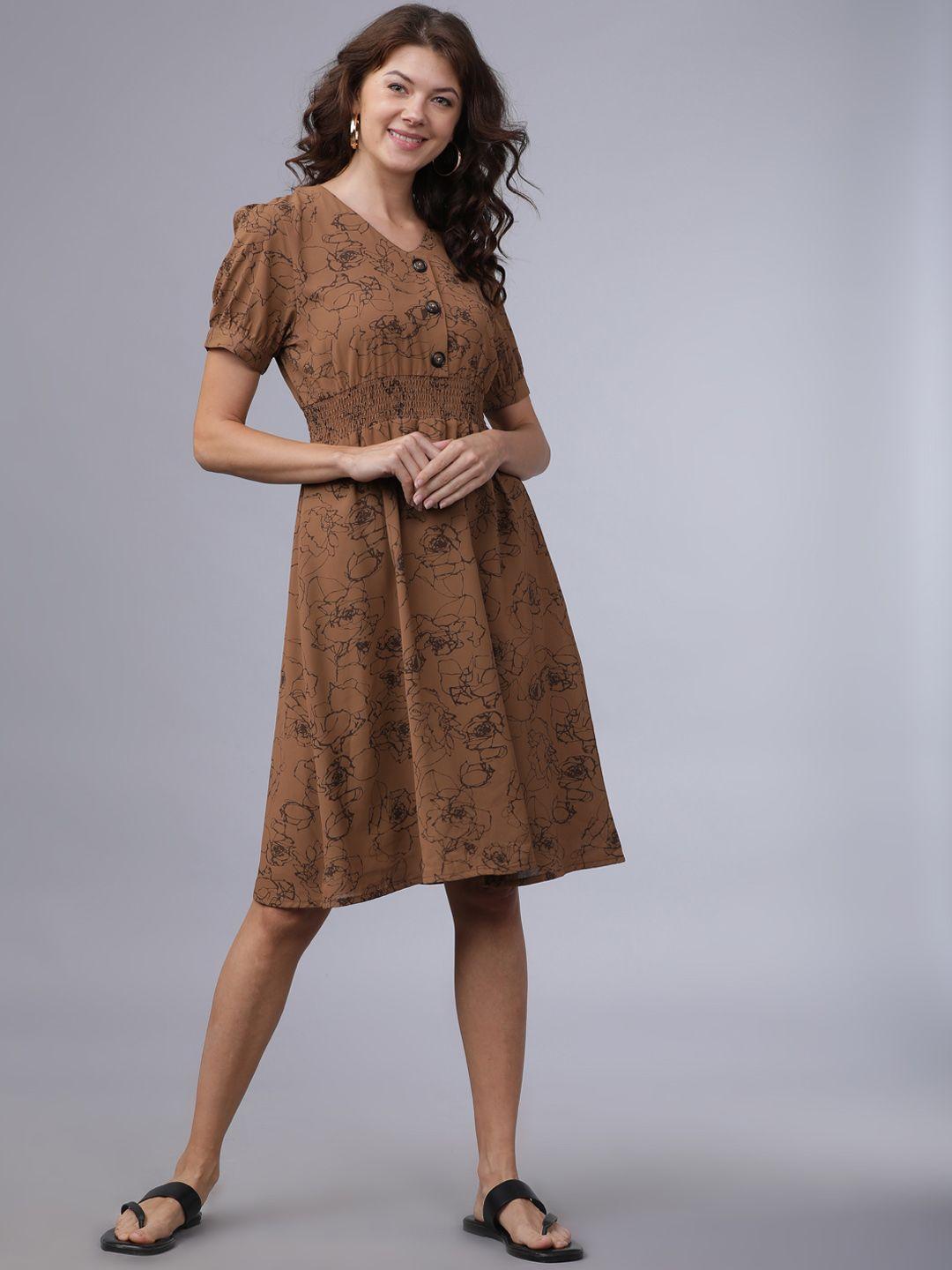 tokyo talkies women brown printed fit and flare dress