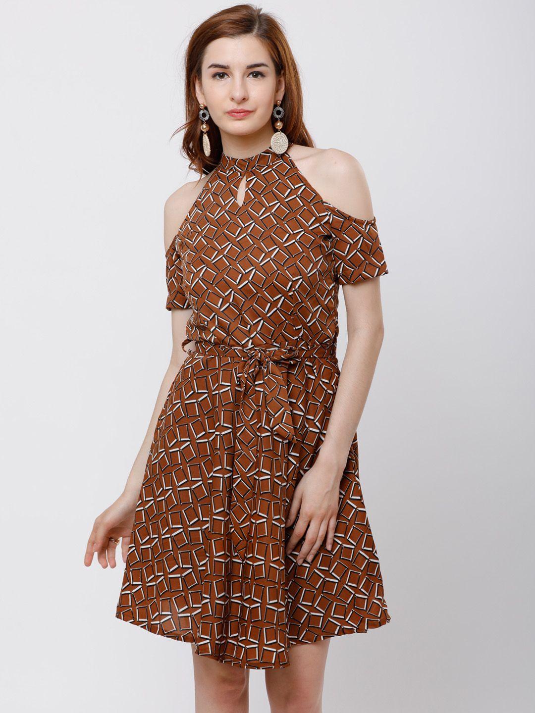 tokyo talkies women brown printed fit and flare dress