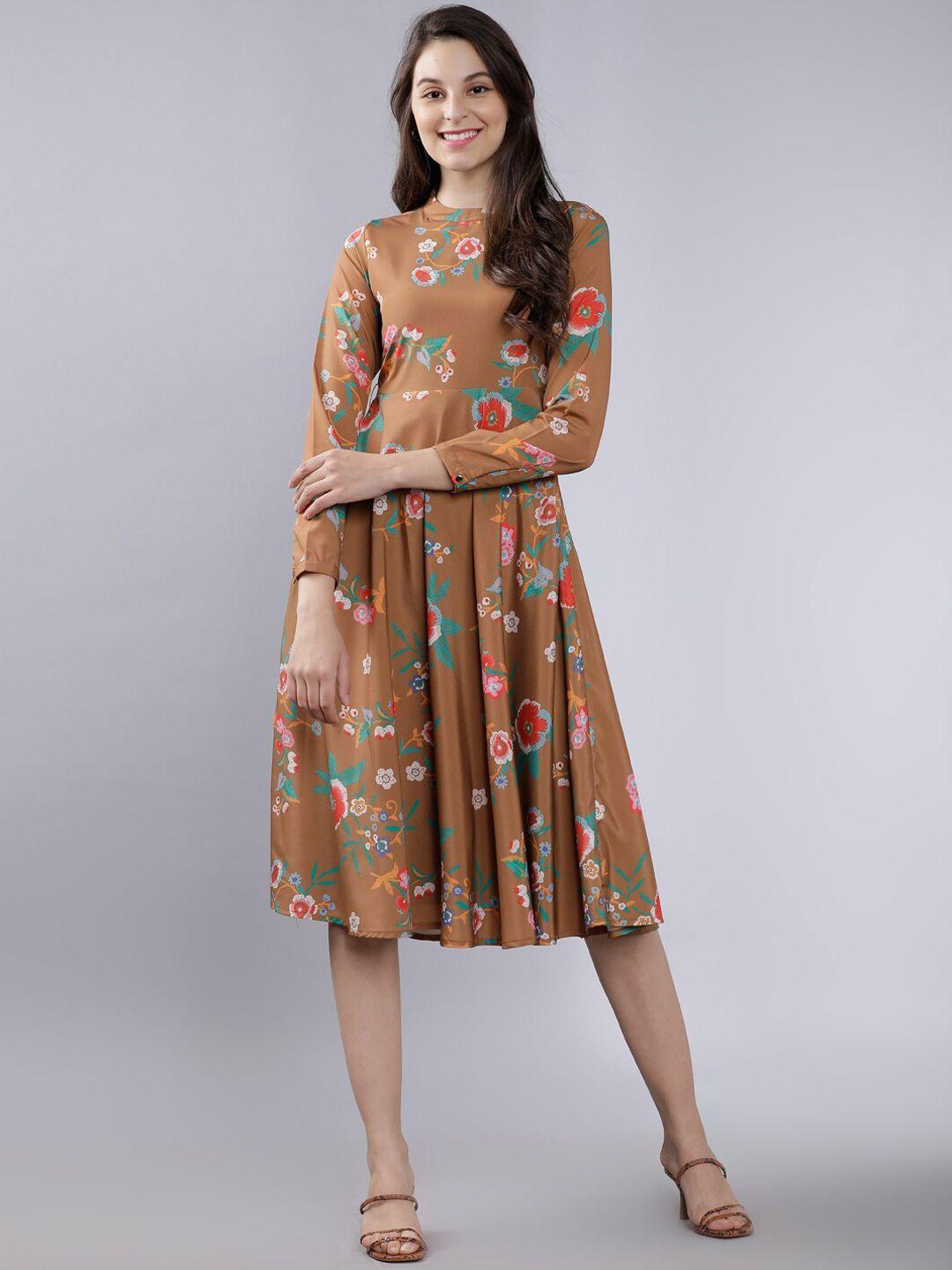 tokyo talkies women brown printed fit and flare dress