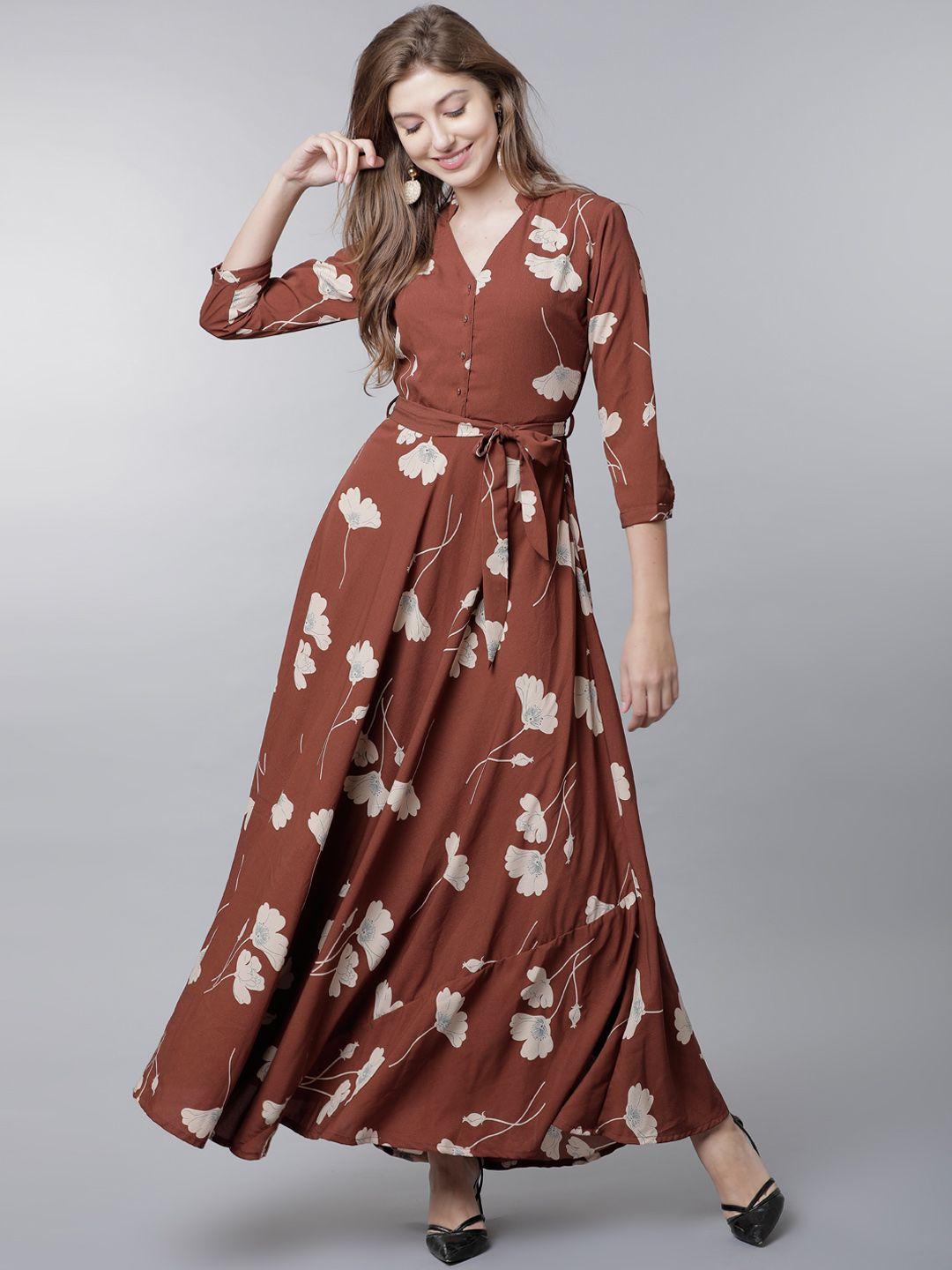 tokyo talkies women brown printed maxi dress