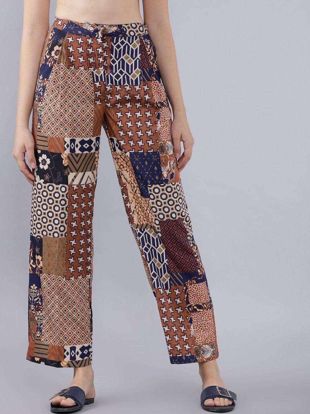 tokyo talkies women brown regular fit printed parallel trousers