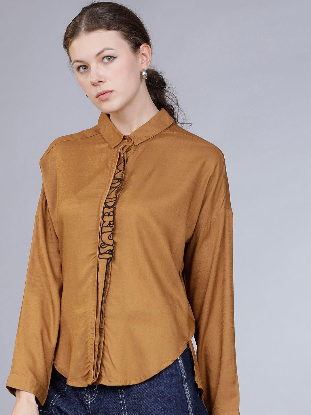 tokyo talkies women brown regular fit solid casual shirt