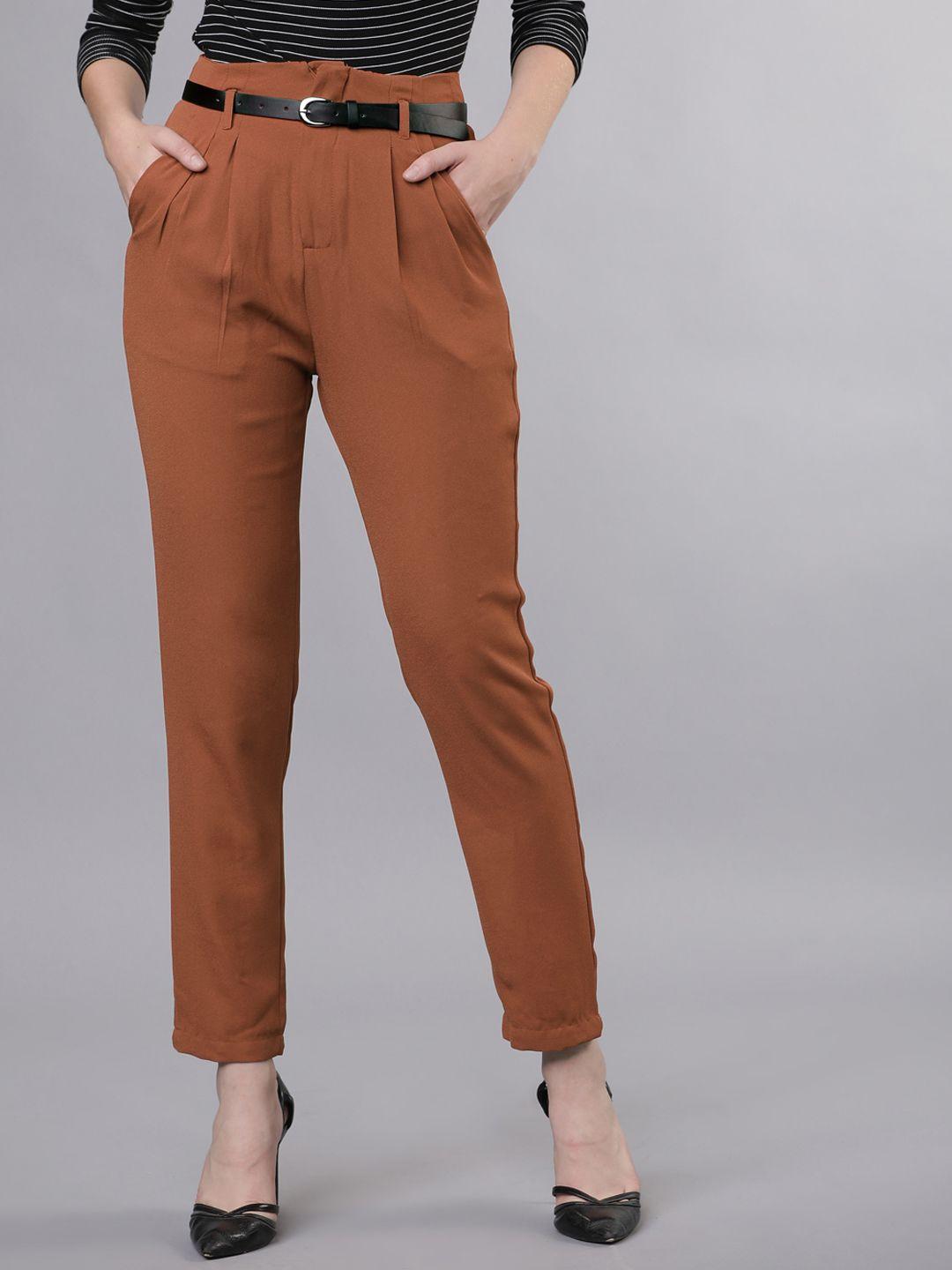 tokyo talkies women brown regular fit solid peg trousers