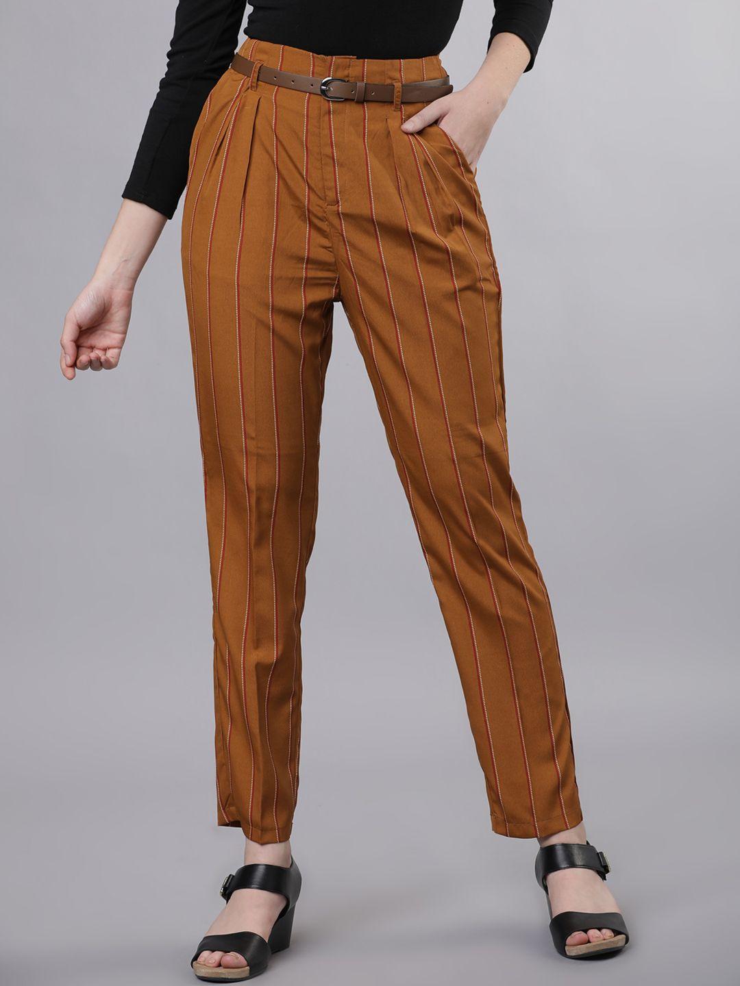 tokyo talkies women brown regular fit striped peg trousers