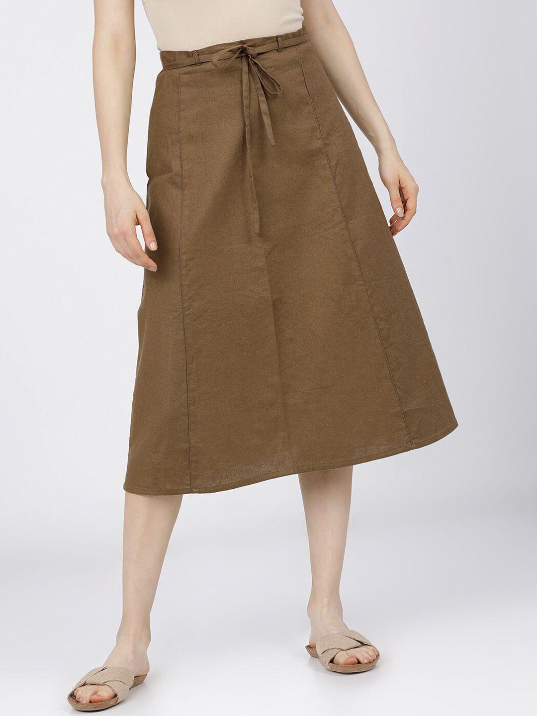 tokyo talkies women brown solid a-line midi skirt