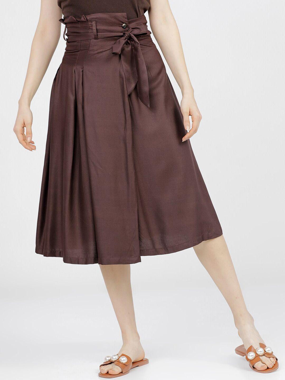 tokyo talkies women brown solid a-line midi skirt