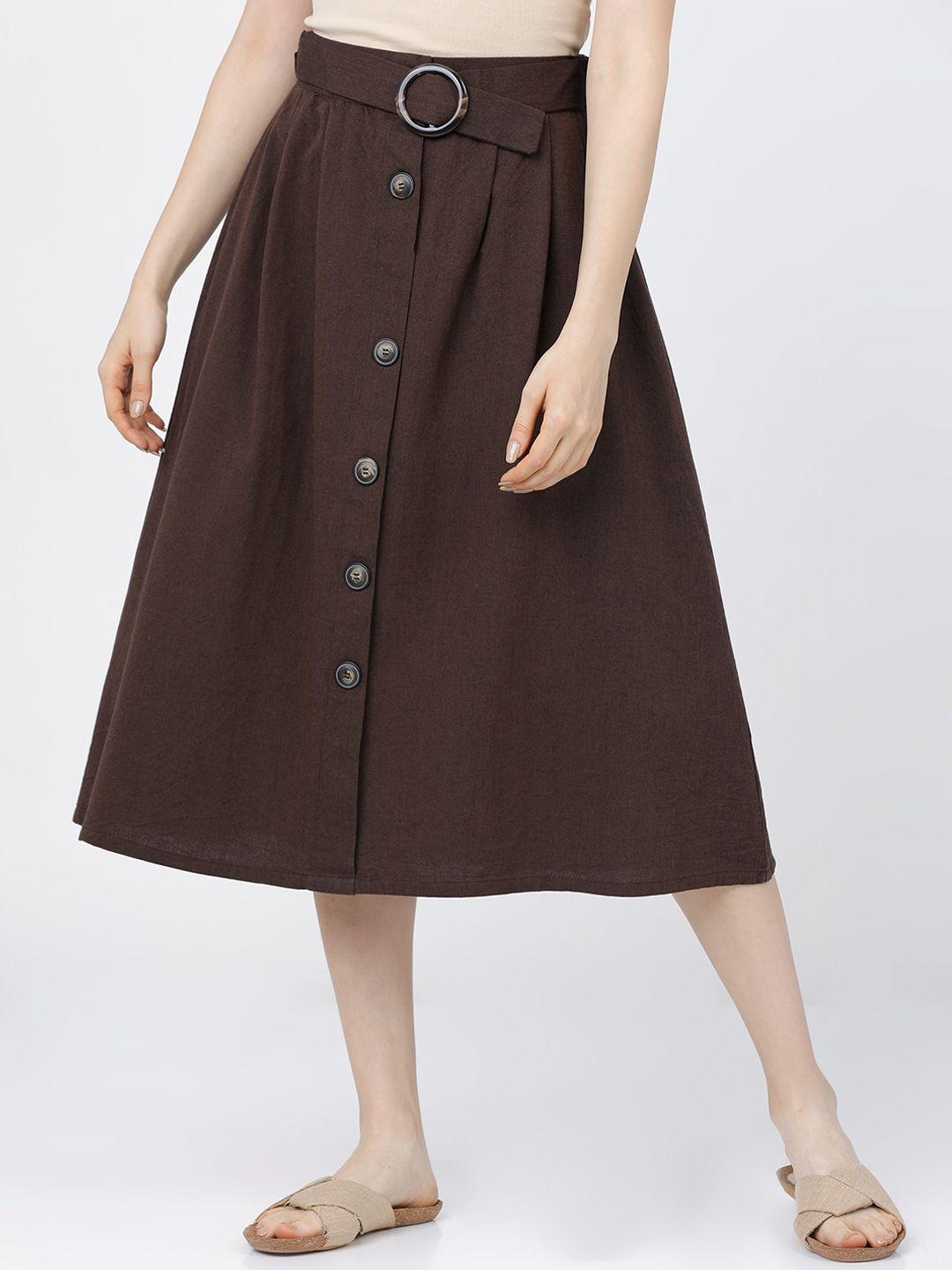 tokyo talkies women brown solid cotton casual-fit a-line midi skirt