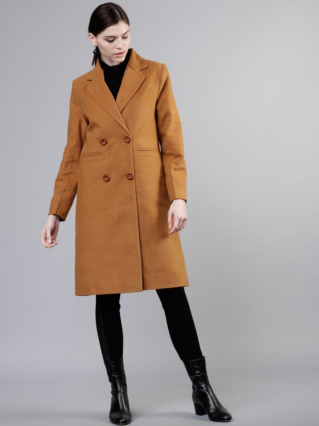 tokyo talkies women brown solid double-breasted overcoat