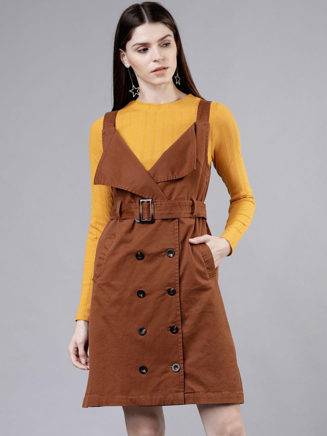 tokyo talkies women brown solid pinafore dress