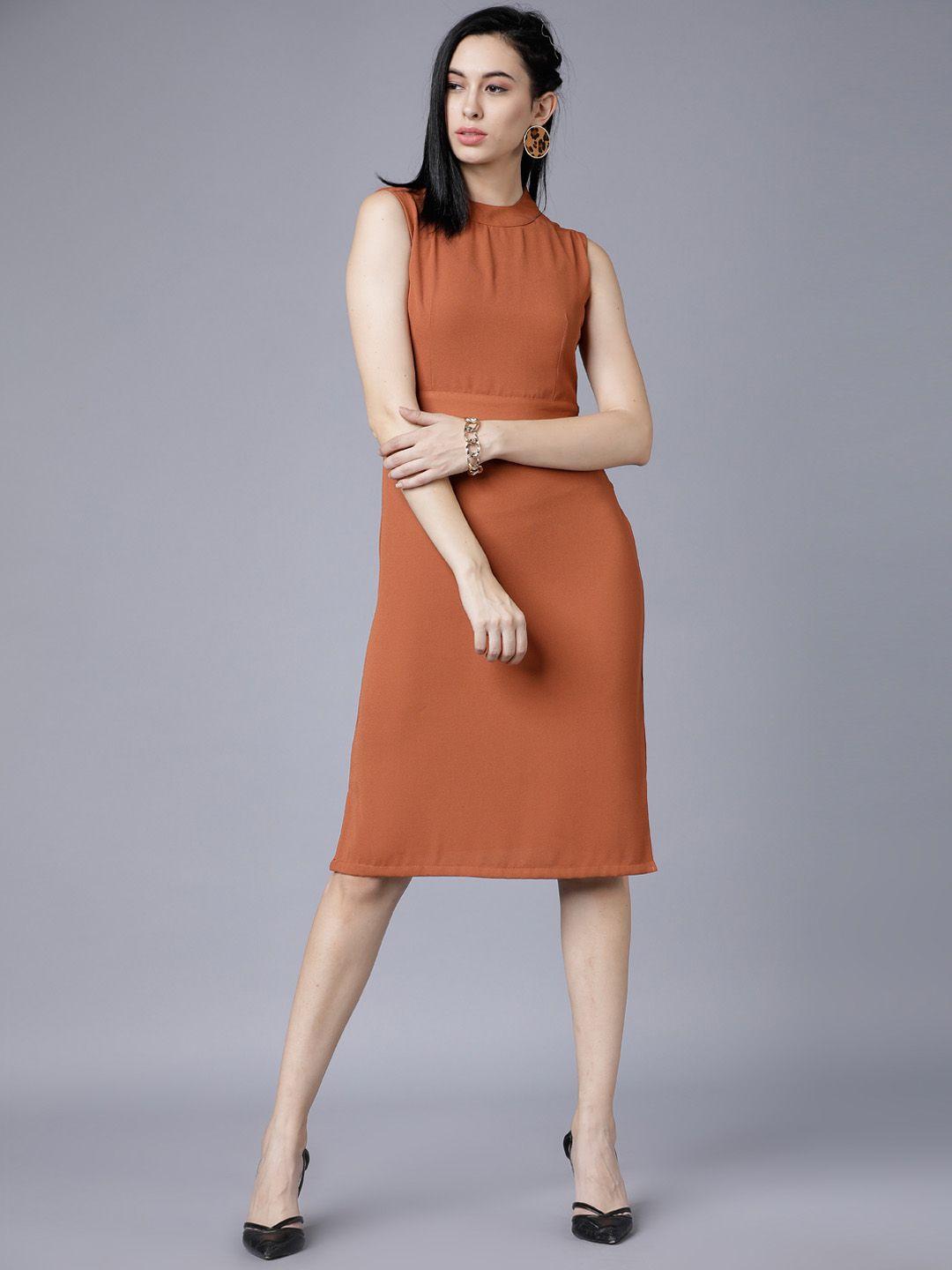 tokyo talkies women brown solid sheath dress