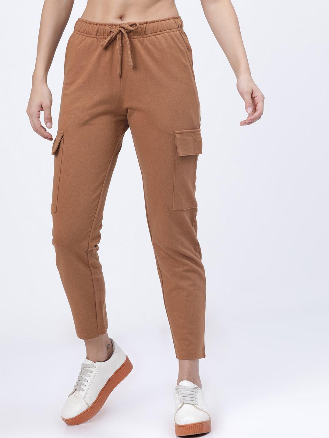 tokyo talkies women brown solid slim-fit cargo track pants