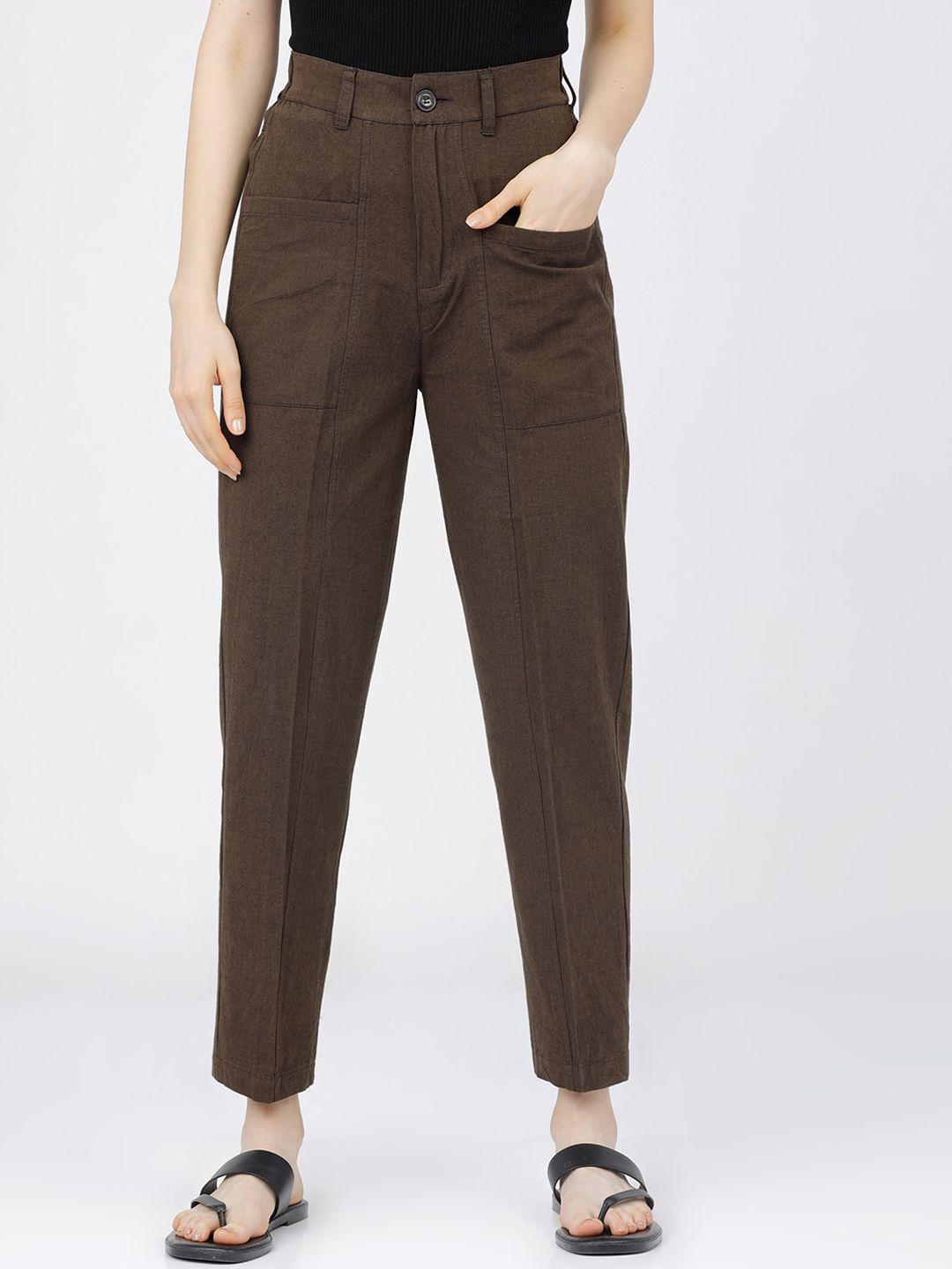 tokyo talkies women brown tapered fit high-rise trousers