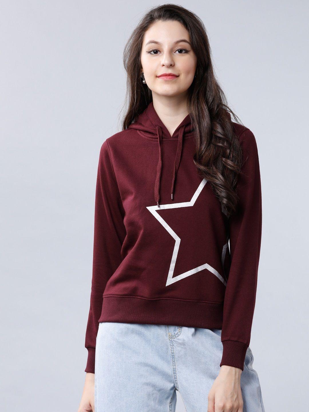 tokyo talkies women burgundy printed hooded sweatshirt