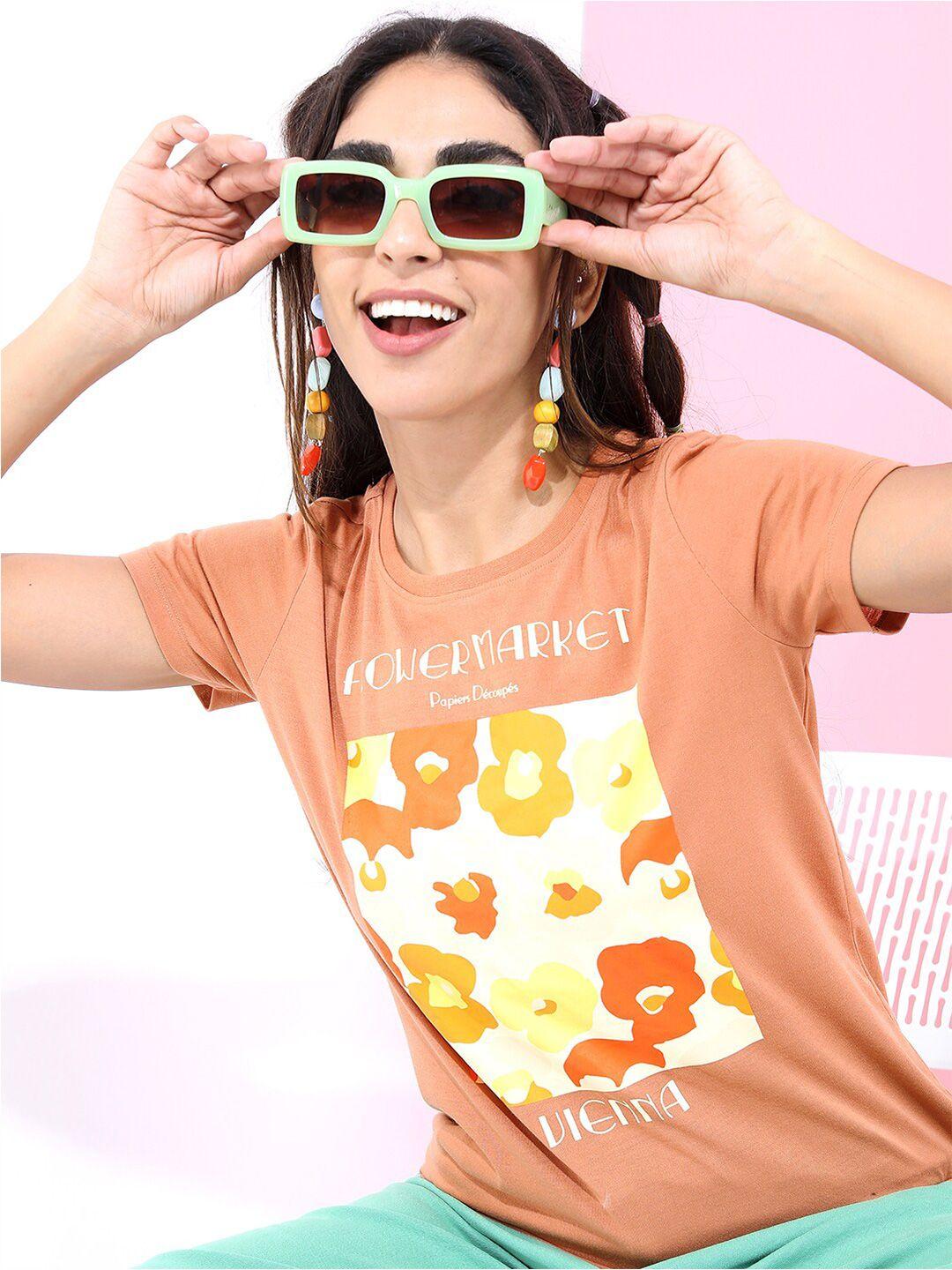 tokyo talkies women camel brown floral printed t-shirt