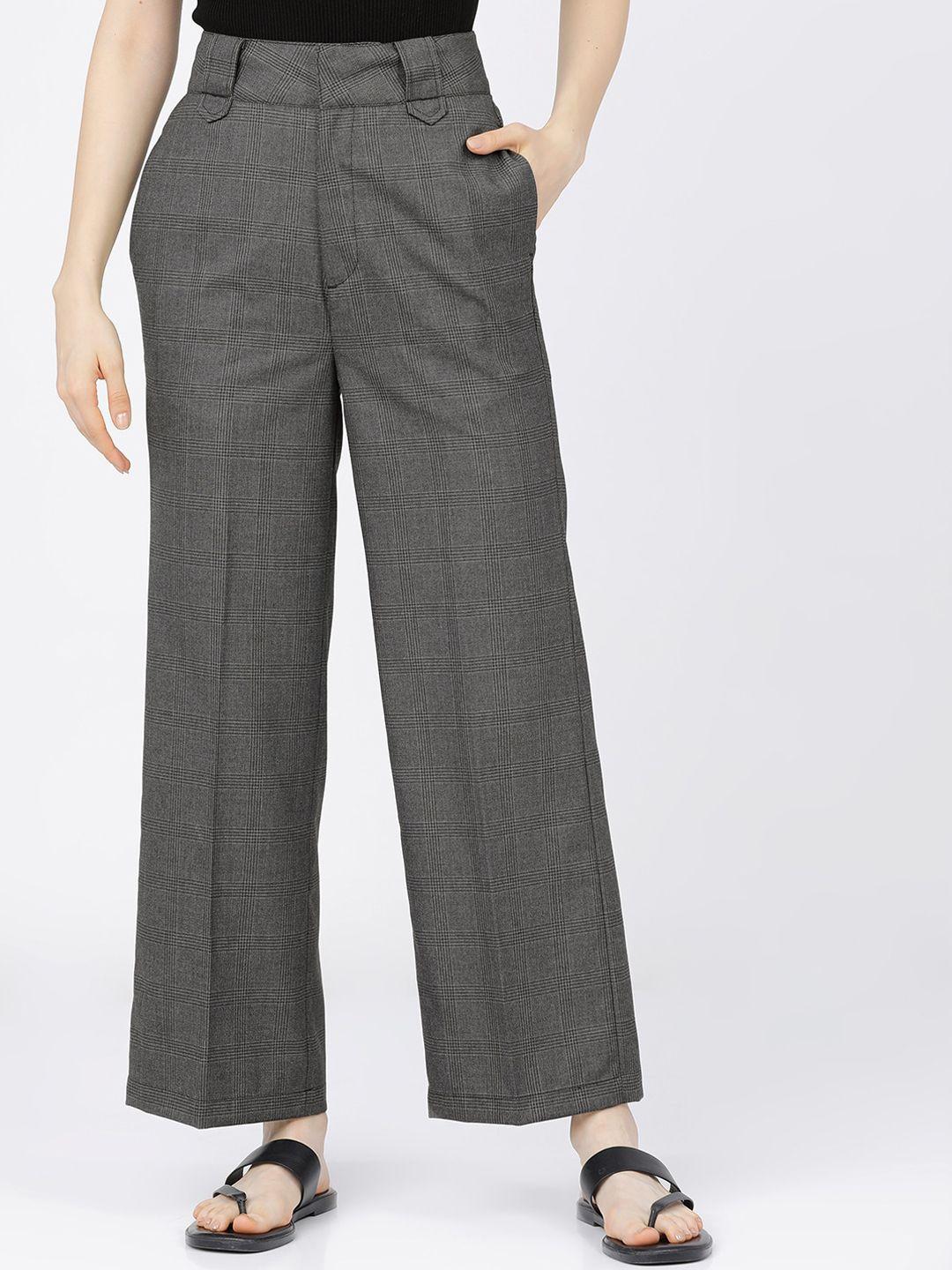 tokyo talkies women charcoal checked straight fit high-rise parallel trousers