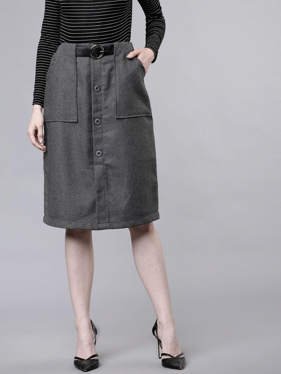 tokyo talkies women charcoal grey knee-length solid straight skirt