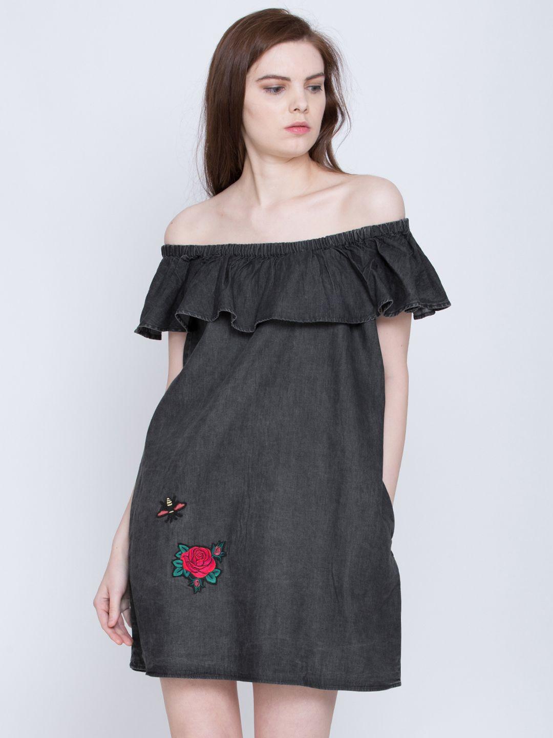 tokyo talkies women charcoal grey off-shoulder dress