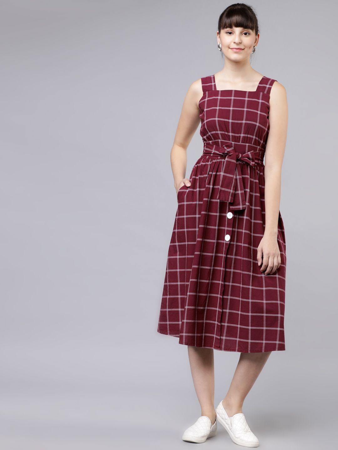 tokyo talkies women checked maroon fit and flare dress