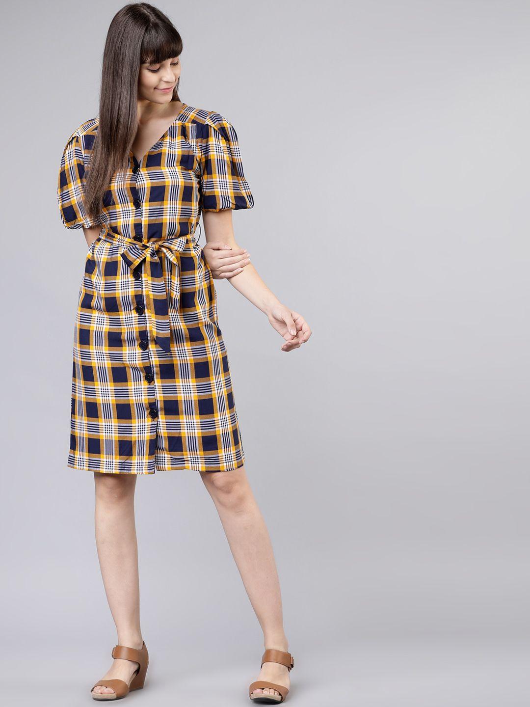 tokyo talkies women checked navy blue fit and flare dress