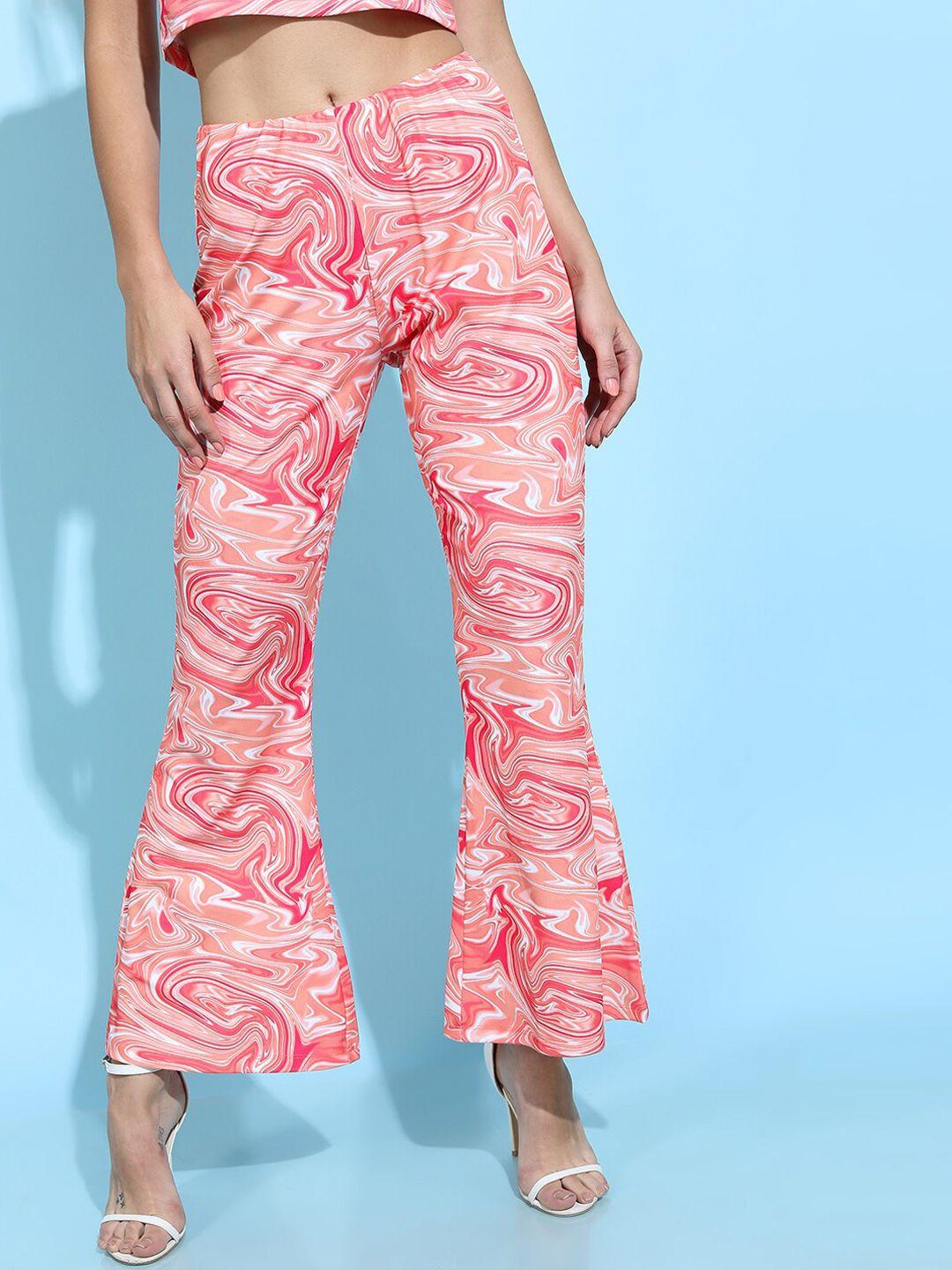 tokyo talkies women coral abstract printed flared trousers
