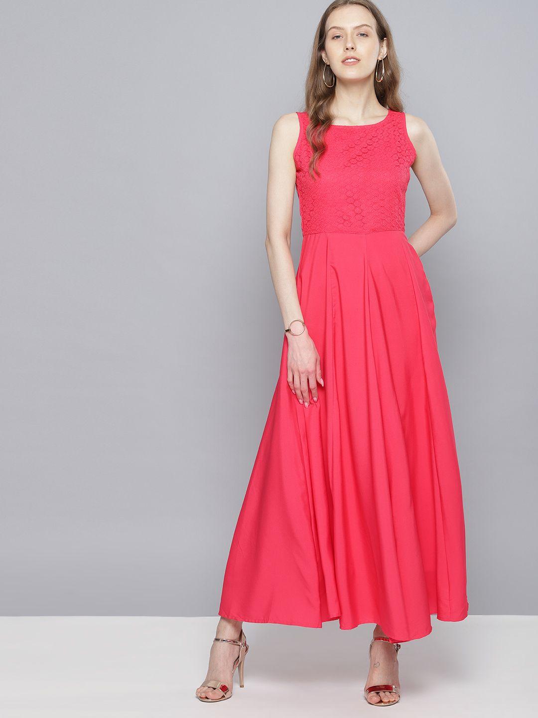 tokyo talkies women coral pink solid maxi dress
