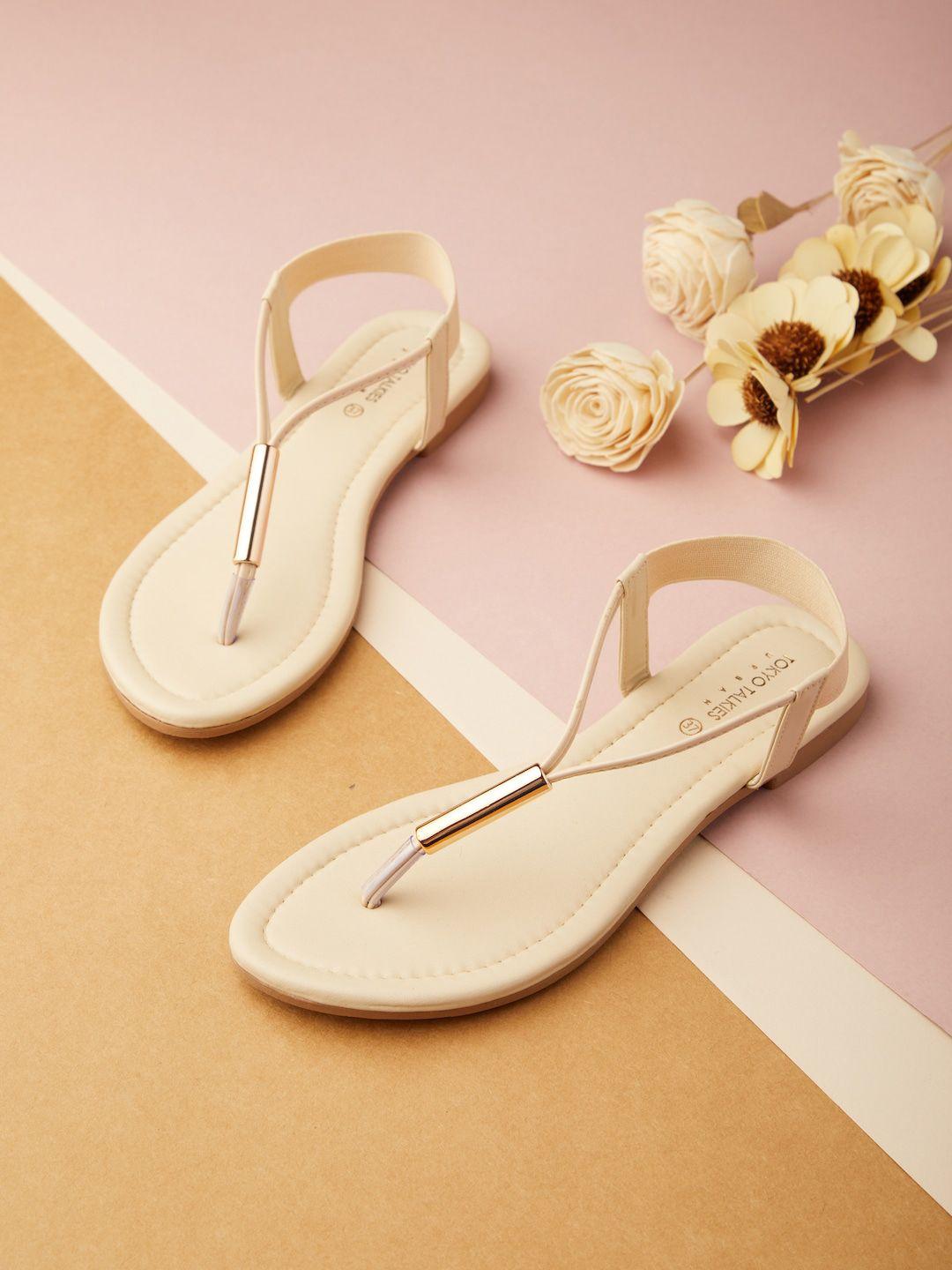 tokyo talkies women cream-coloured t-strap open toe flats