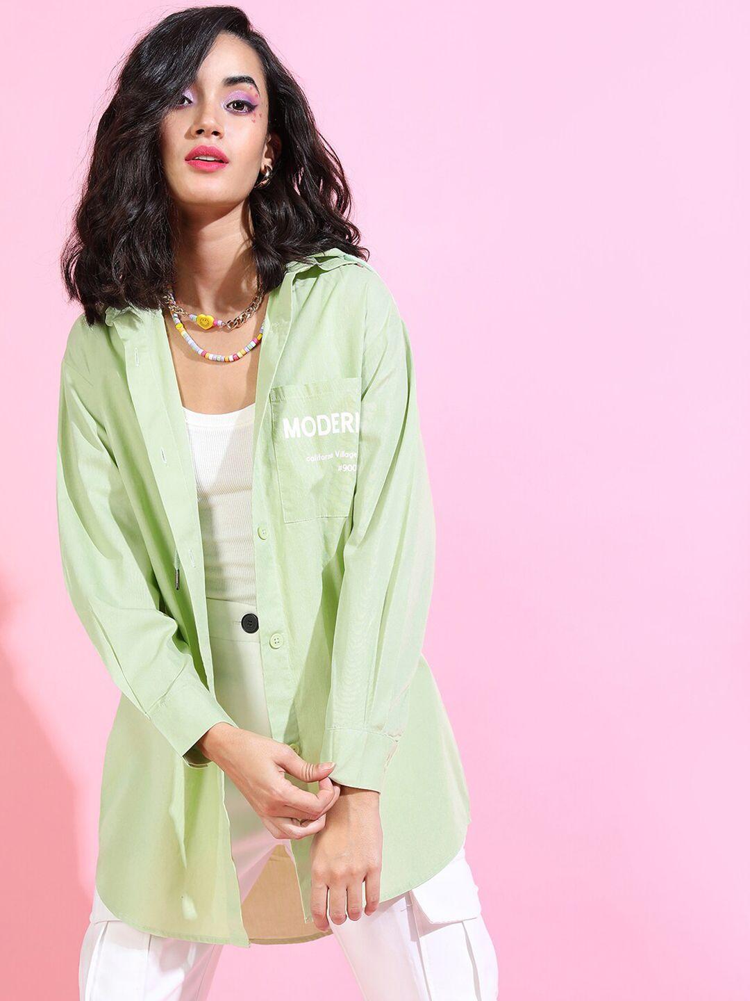 tokyo talkies women gorgeous green solid loose fit shirt