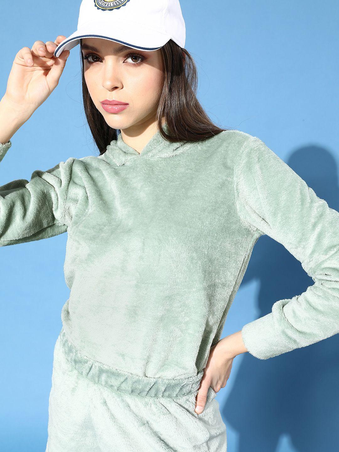 tokyo talkies women gorgeous green solid velvet sweatshirt