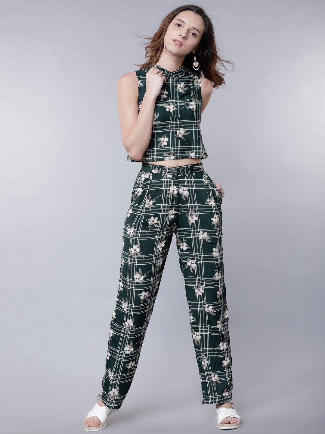 tokyo talkies women green & off-white checked crop top with trousers