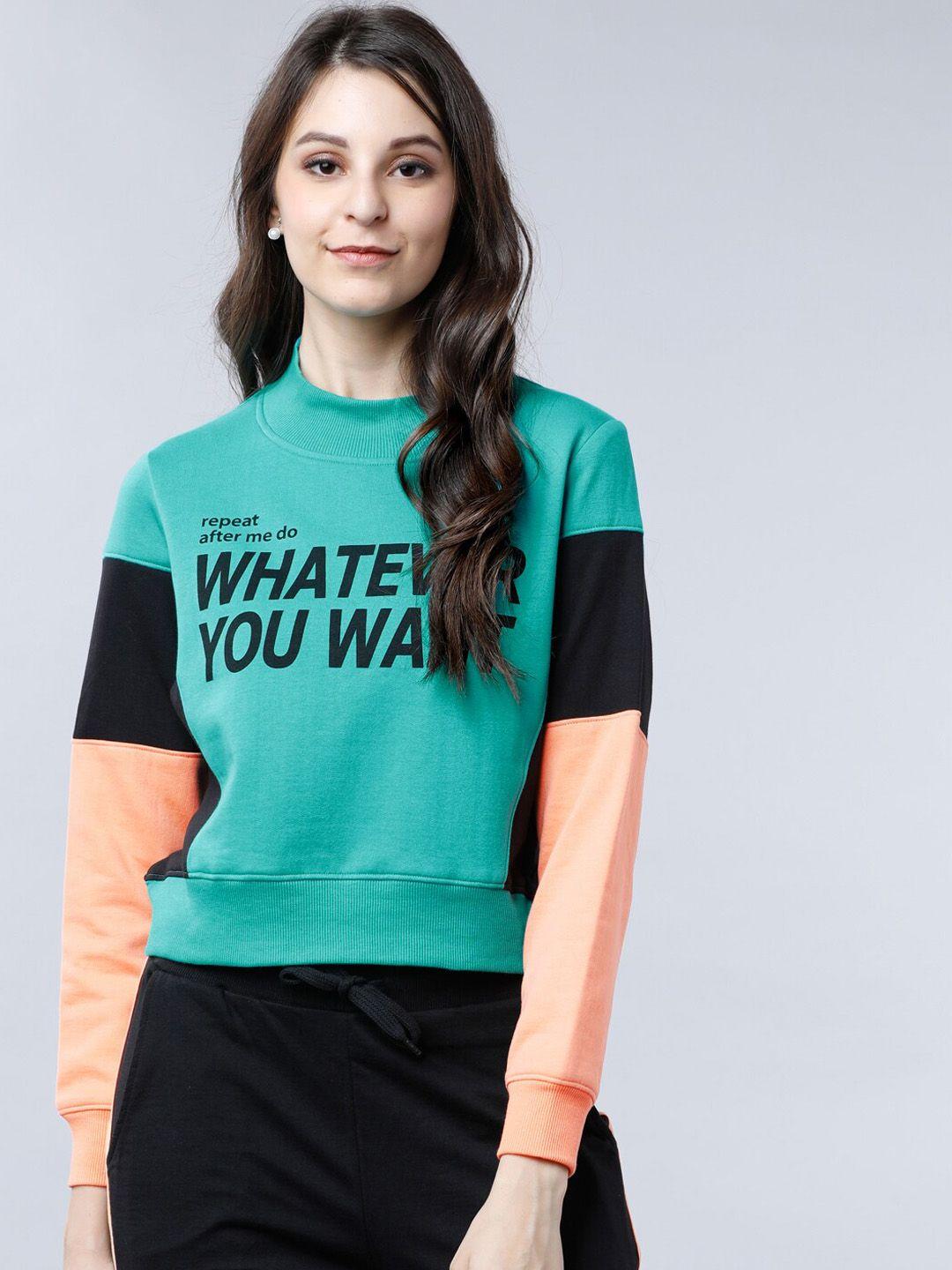 tokyo talkies women green & peach-coloured printed sweatshirt